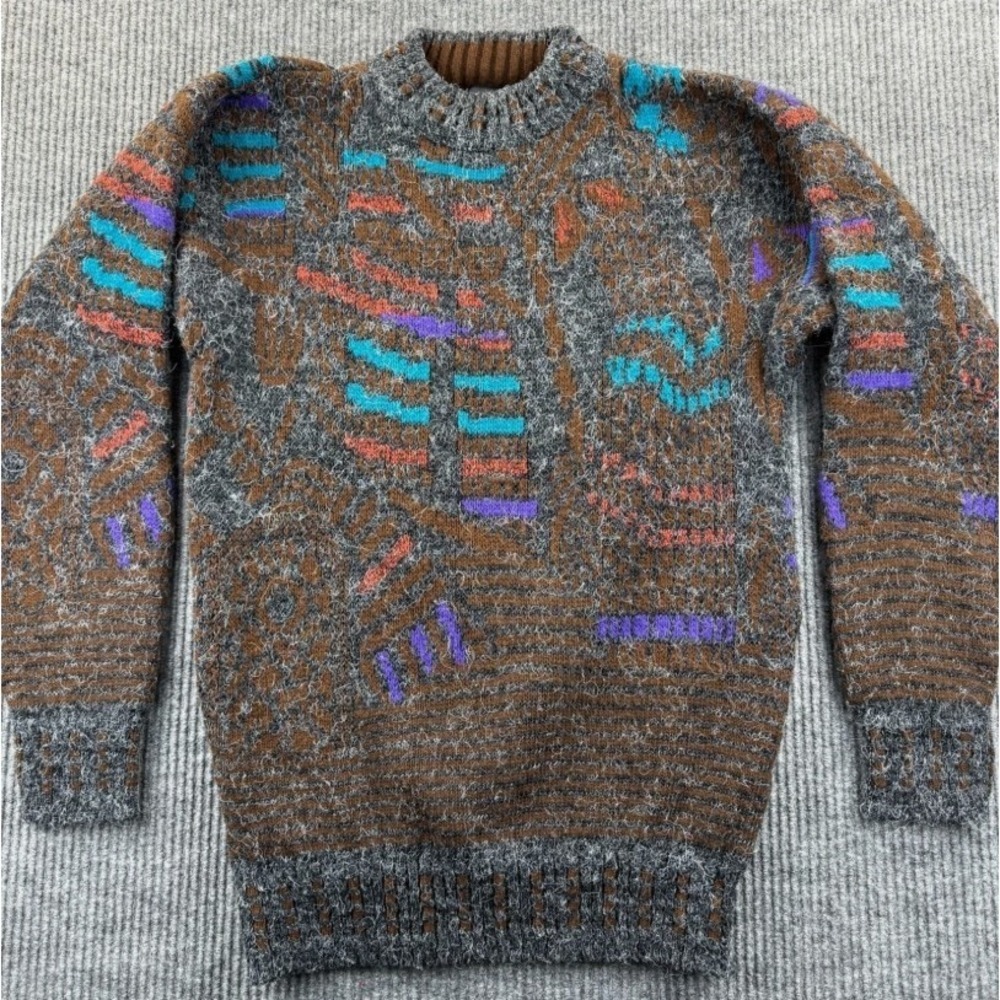 VTG XSTATX Sweater Men Large Abstract Pattern Knit Made in USA Mohair-Like 1990s